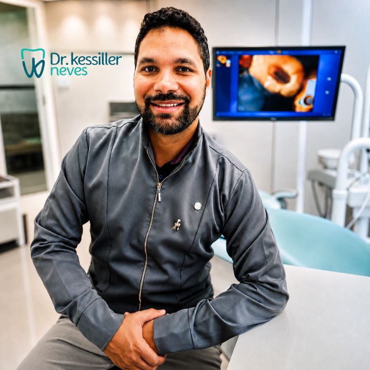 Dr. Kessiller Neves sorrindo em seu consultório odontológico em Governador Valadares