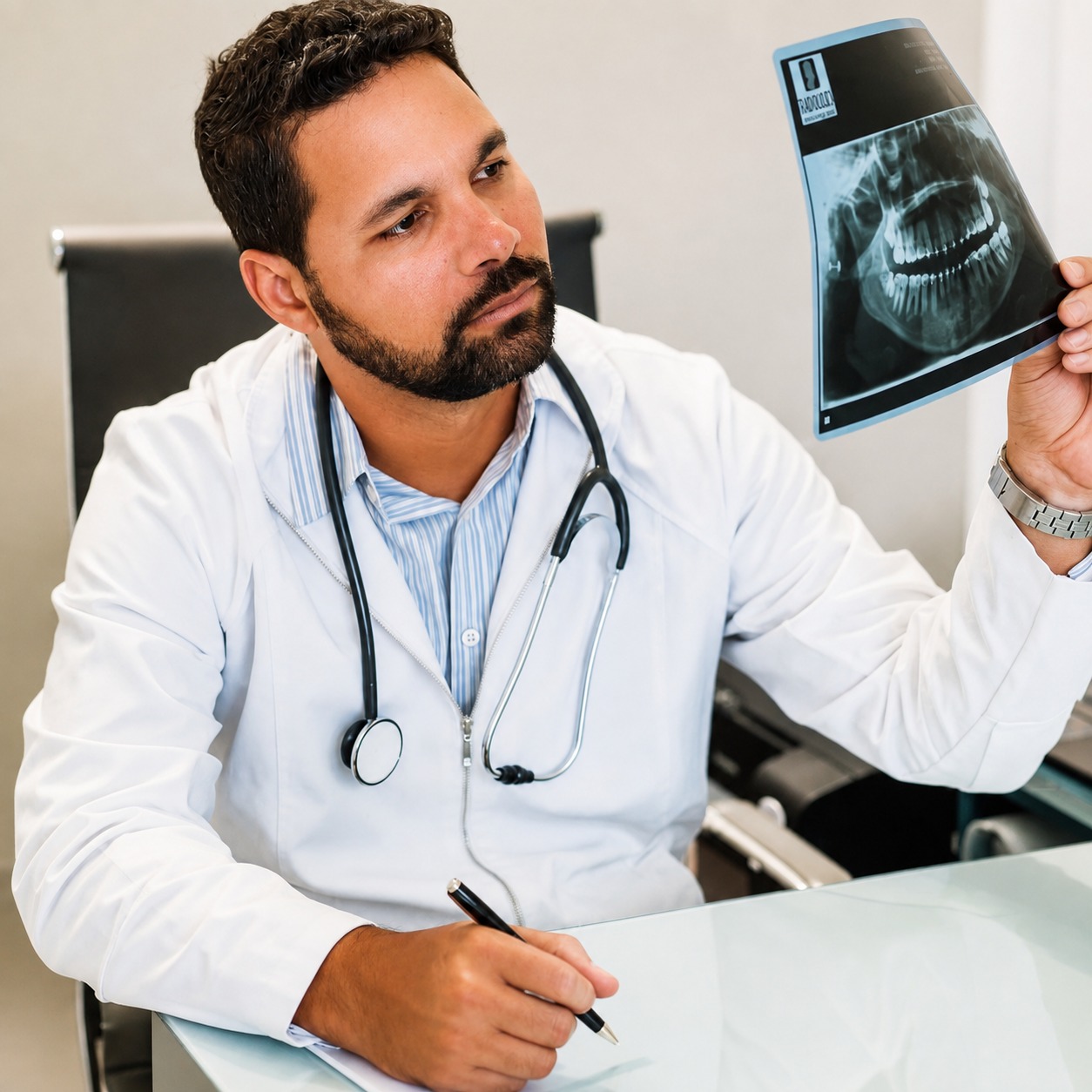 Dr. Kessiller Neves avaliando uma radiografia panorâmica