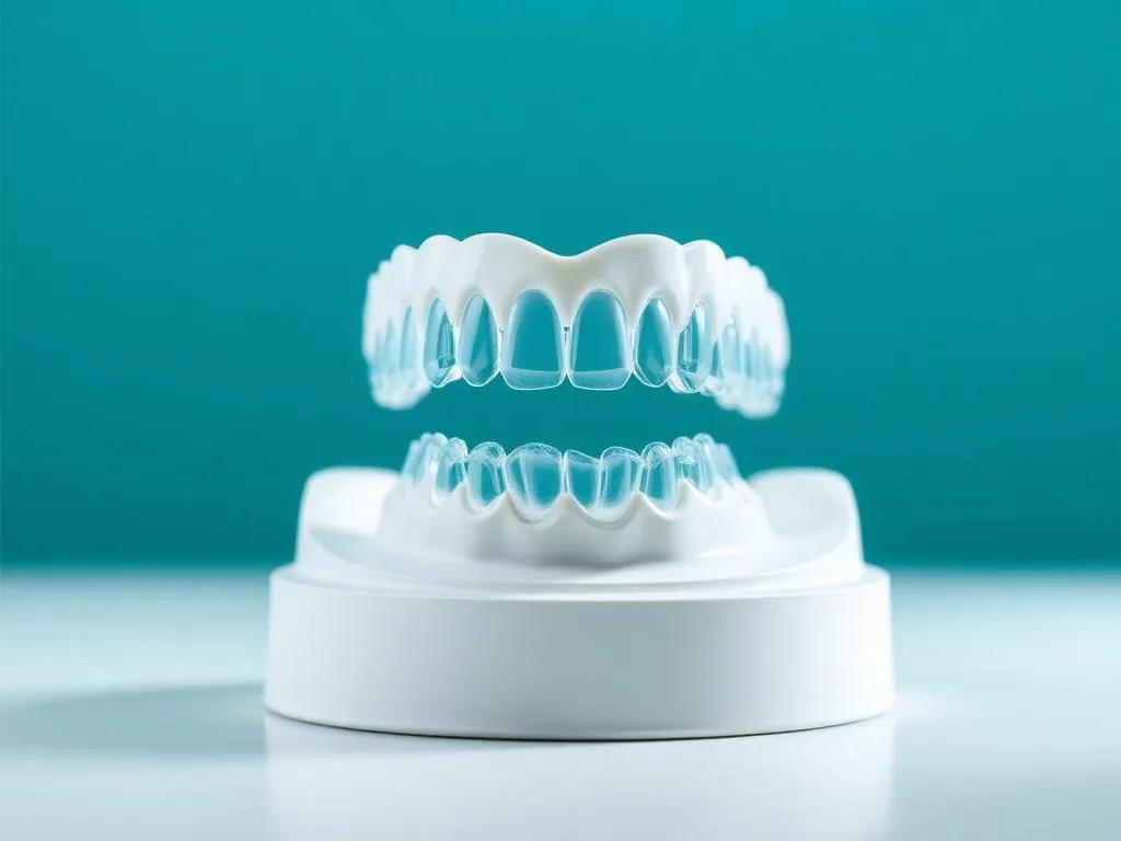 Alinhadores transparentes posicionados sobre modelo de arcada dentária