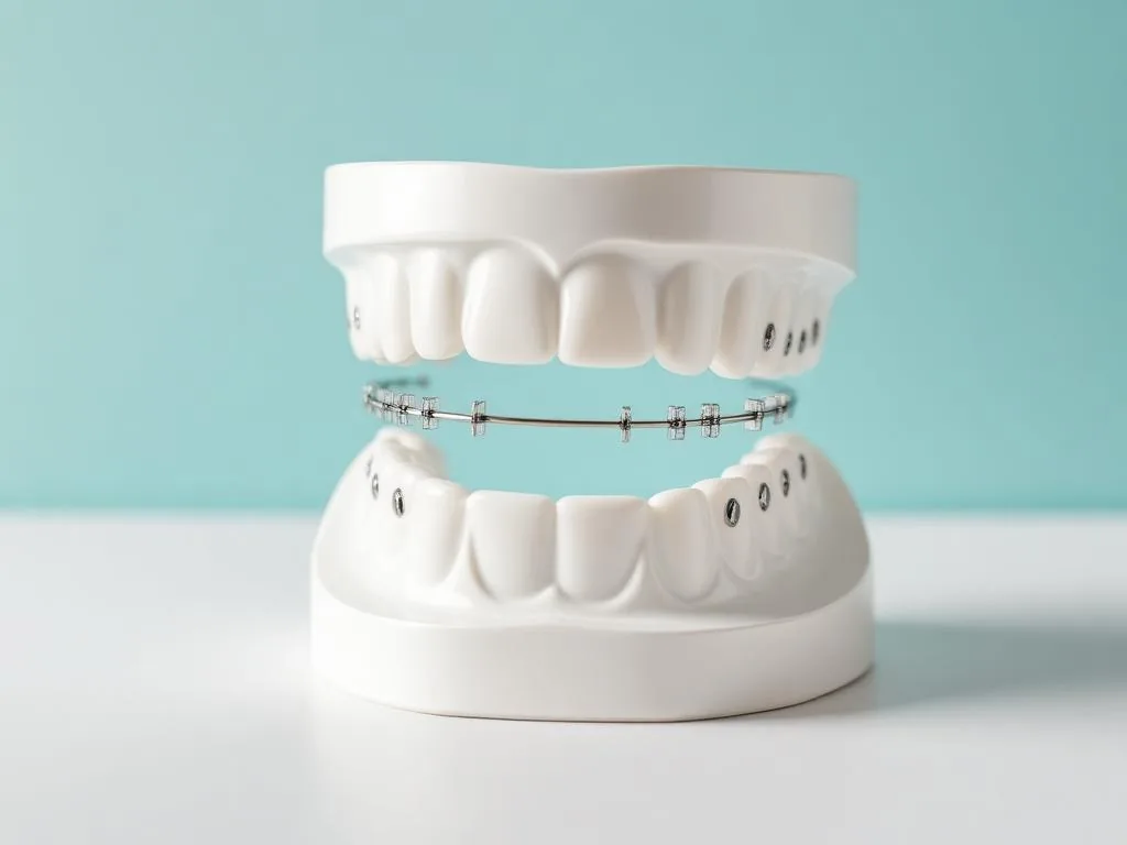 Modelo de arcada dentária com aparelho ortodôntico fixo e fio metálico