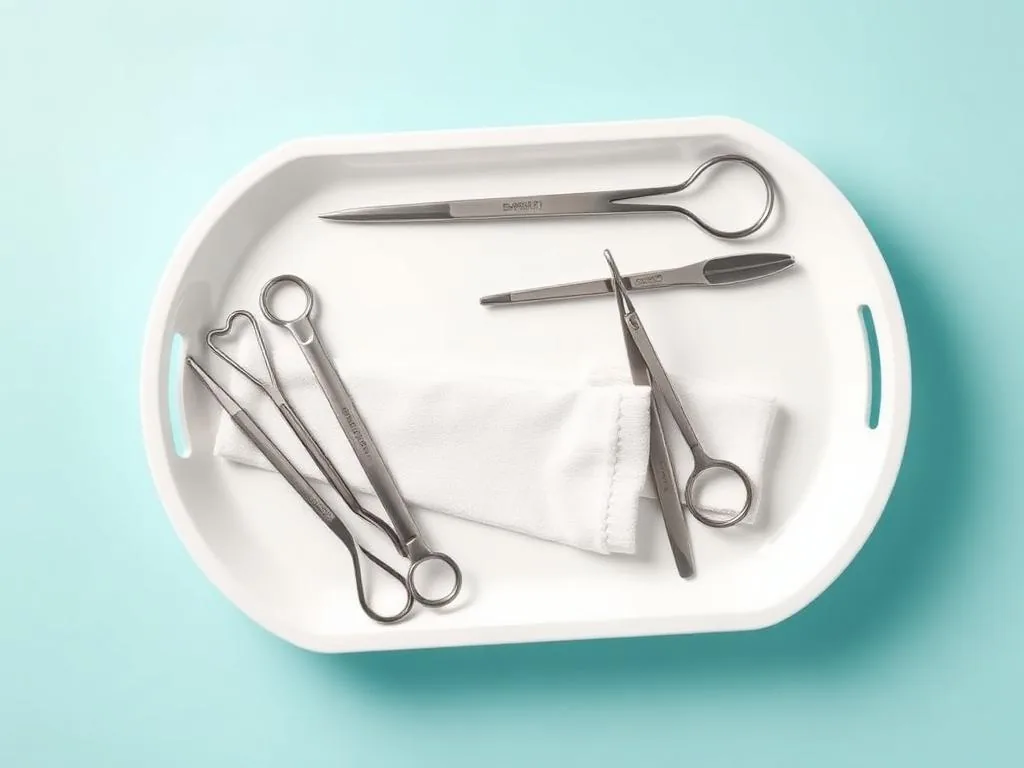 Instrumentos cirúrgicos odontológicos esterilizados organizados em bandeja