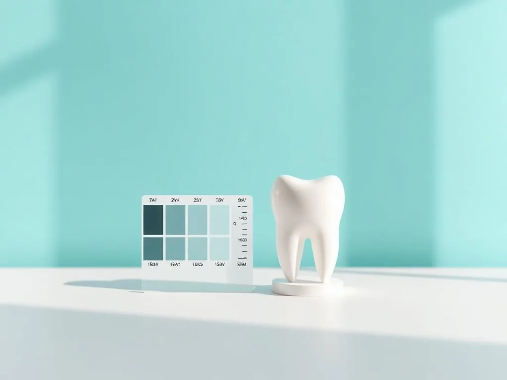 Modelo de dente branco ao lado de escala de tonalidades para clareamento dental
