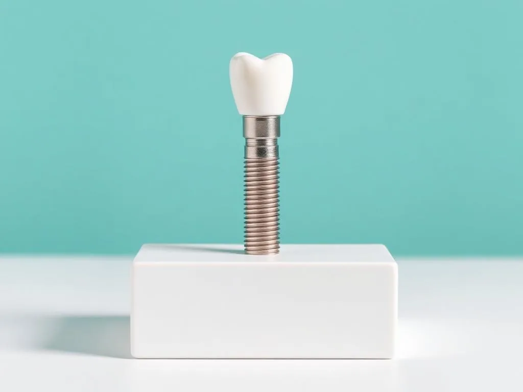 Implante dentário de titânio com coroa de cerâmica sobre bloco branco