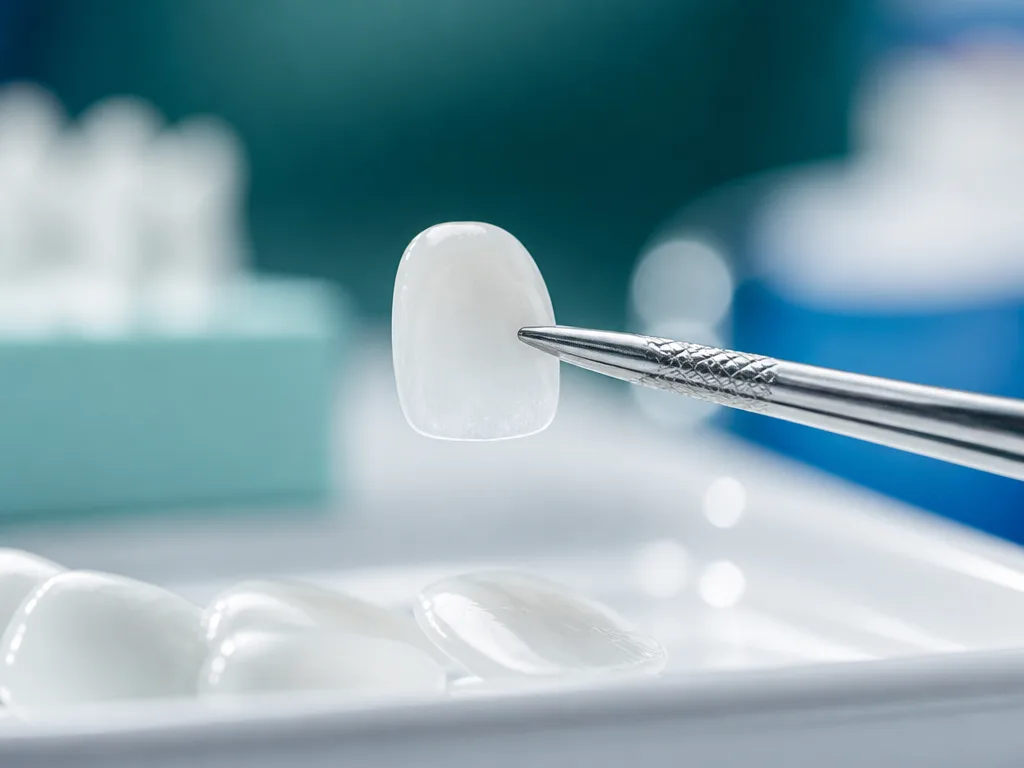 Lente de contato dental ultrafina sendo segurada com pinça sobre bandeja clínica