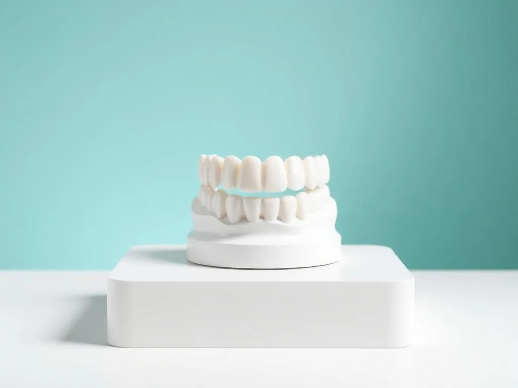 Prótese dentária de cerâmica exposta em suporte branco de estúdio