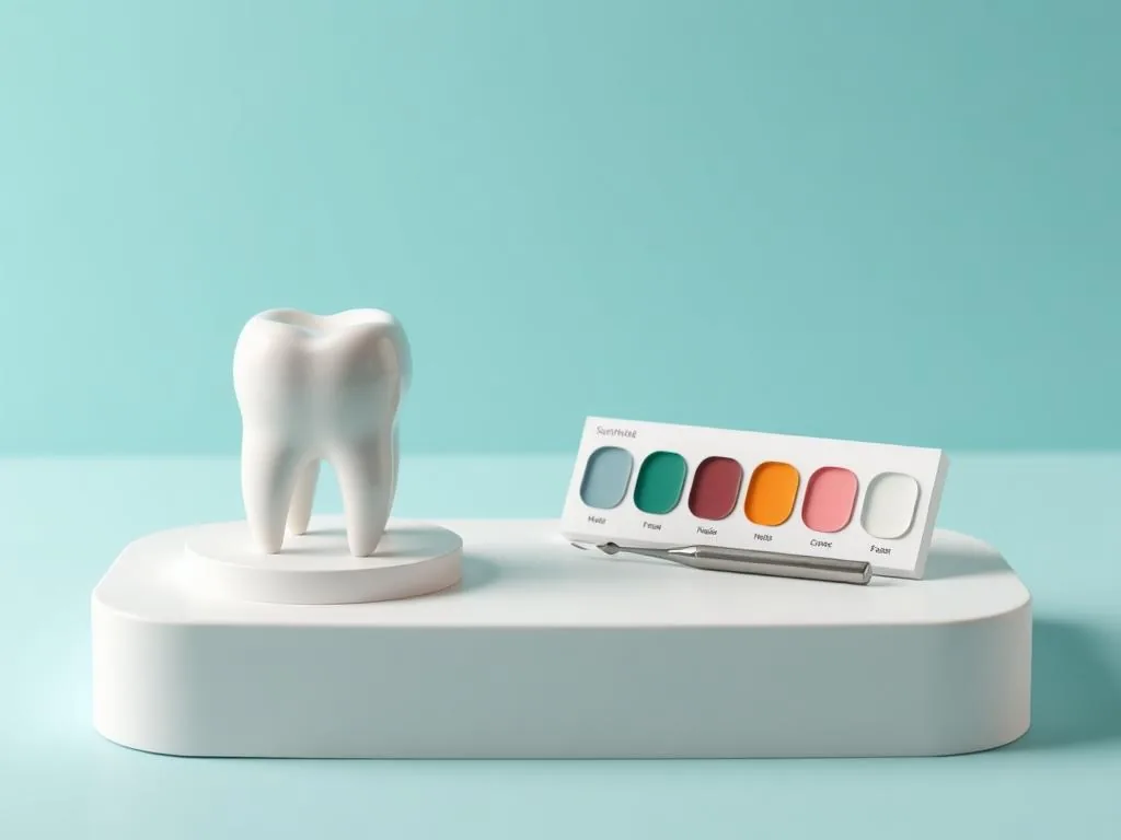 Modelo de dente ao lado de paleta de resinas usada em restauração dentária