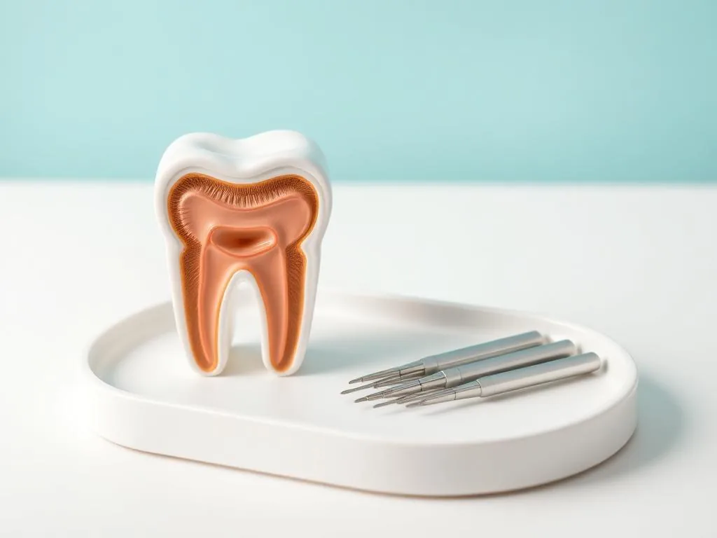 Modelo anatômico de dente em corte ao lado de limas endodônticas